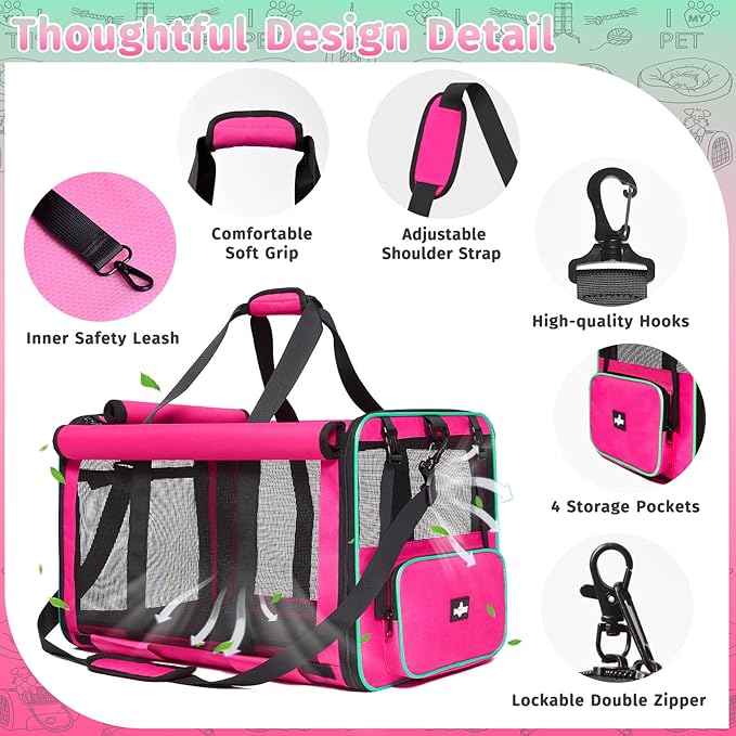 Pet Carrier, Collapsible Large Cat Carrier for 2 Cats, Soft Top Load Cat Carrier Bag for Small Medium Large Cat & Dog Under 30 lbs, Cat Travel Carrier Bag with Safety Lock Zipper, Pink