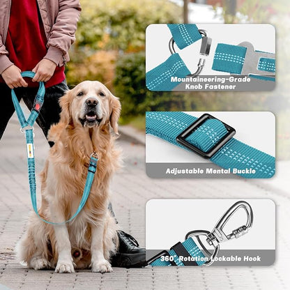 Dog Seat Belt for Car, Adjustable 4-in-1 Dog Car Seatbelt Leash with Hook & Buckle, Reflective Dog Seatbelt Harness for Car with Vehicle Car Headrest & Swivel Carabiner and Poop Bag, Sky Blue