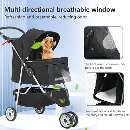 FDW Pet Stroller Foldable Dog Stroller 3-Wheel Durable Cat Jogger Stroller for Small and Medium Dogs Cats with Washable Liner Storage Basket Cup Holder