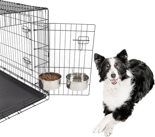 Set of 2 Stainless-Steel Dog Bowls - Cage, Kennel, and Crate Hanging Pet Bowls for Food and Water - 50.4oz Each and Dishwasher Safe by PETMAKER