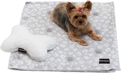 Juicy Couture Grey Leopard with Paws Dog Blanket with Sherpa Bone Shaped Pillow – Plush Puppy Blanket Throw