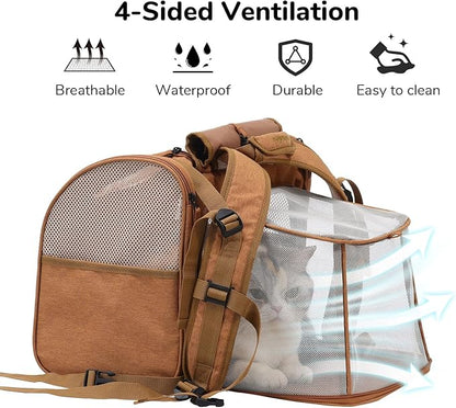 FUKUMARU Cat Backpack, Adjustable Dog Backpack carrier with 4 Storage Pockets, Under 20 Lbs Soft Sided Small Dog Backpack Carrier for Travel Hiking Camping Outdoor, Brown