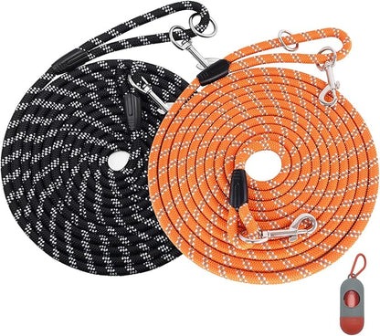 (2 Pack) Long Dog Leash for Dog Training 15FT/30FT/50FT, Dog Rope Check Cord with Reflective Thread for Large/Medium/Small Dogs, Dog Tie-Out Cable Lead for Hunting, Camping or Backyard