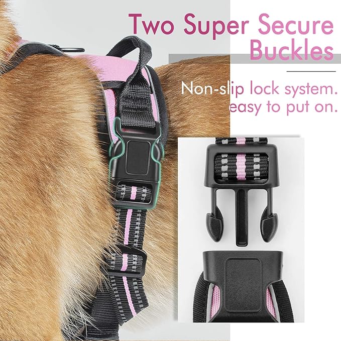 rabbitgoo No-Pull Pet Harness with 2 Leash Clips, Adjustable Soft Padded, Reflective No-Choke Pet Oxford Vest with Easy Control Handle for Large Dogs, Pink, L