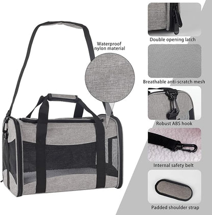 Cat Carrying Case - Pet Carrier Airline Approved, Protable and Breathable Pet Travel Carrier Removable Fleece Pad, Collapsible Cat Carrier Dog Carrier for Medium Cats Small Cats Dogs (X-L Grey&Black)