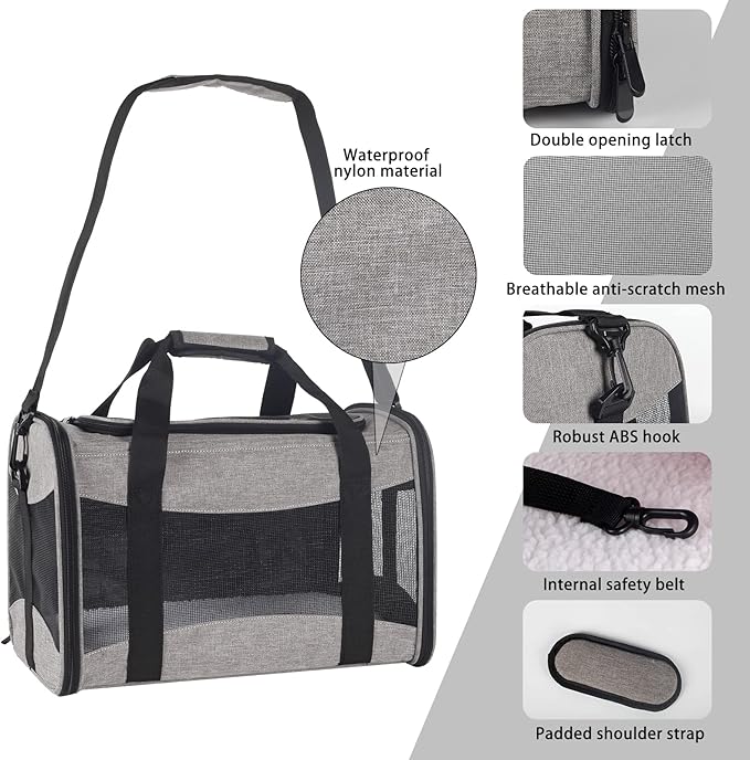 Cat Carrying Case - Pet Carrier Airline Approved, Protable and Breathable Pet Travel Carrier Removable Fleece Pad, Collapsible Cat Carrier Dog Carrier for Medium Cats Small Cats Dogs (Grey&Black M)