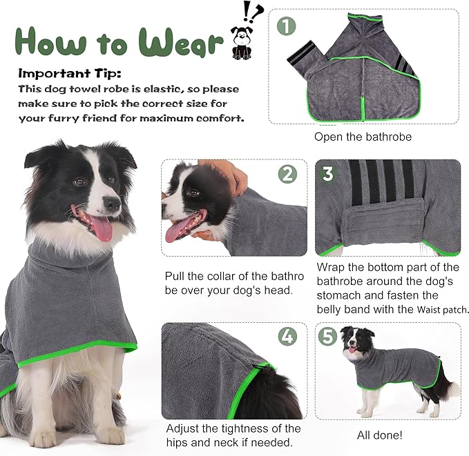Microfibre Dog Bathrobe Dog Towel Wrap Super Absorbent Dog Drying Coat Bath Robe for Puppy, Medium & Large Dogs, Fast Drying, Adjustable, for Pet Dogs & Cats