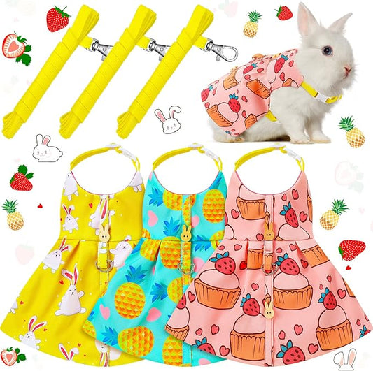 3 Piece Cute Rabbit Leash and Harness Set, Bunny Rabbit Dress Clothes Walking Harness Vest Escape Proof Pet Supply for Rabbit Hedgehog Ferret Guinea Pig (Cake, Bunny, Pineapple)