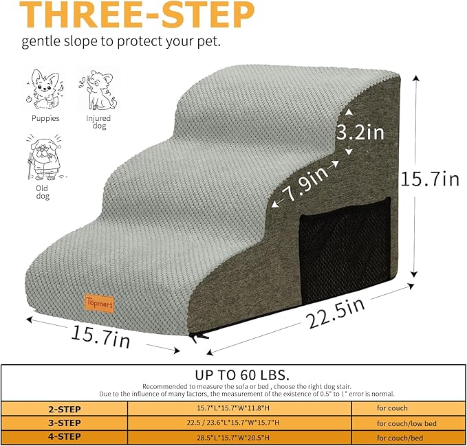 Topmart 3 Tiers Foam Dog Stairs/Steps for Small Dogs Pain,15.7”H