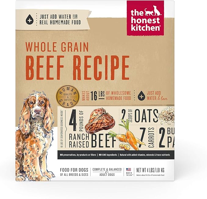 The Honest Kitchen Human Grade Dehydrated Whole Grain Dog Food – Complete Meal or Dog Food Topper – Beef 4 lb (makes 16 lbs)