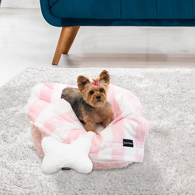Juicy Couture Turquoise Pink/White Striped Dog Blanket with Sherpa Bone Shaped Pillow – Plush Puppy Blanket Throw