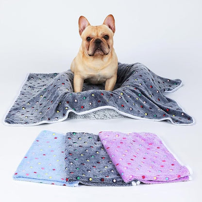 1 Pack 3 Blankets Super Soft Cute Dot Pattern Pet Blanket Flannel Throw for Dog Puppy Cat Blue/Purple/Grey Large