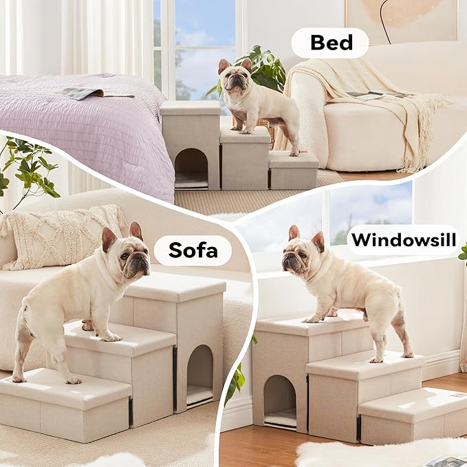 Love's cabin Dog Stairs for Small Medium or Large Dogs with Storage and Condo Couch,3-Step Gray 200 lbs,Beige