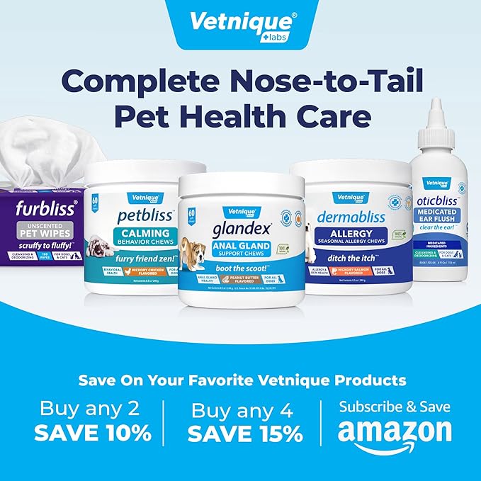 Vetnique Labs Oticbliss Ear Cleaner Wipes/Flushes for Dogs & Cats with Odor Control and Itch Relief Reduces Head Shaking