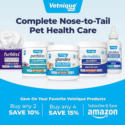 Vetnique Labs Oticbliss Ear Cleaner Wipes/Flushes for Dogs & Cats with Odor Control and Itch Relief Reduces Head Shaking