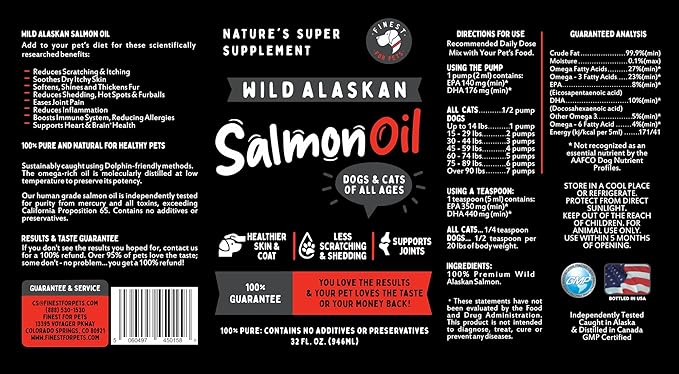 Pure Wild Alaskan Salmon Oil for Dogs & Cats 32oz - Relieves Scratching & Joint Pain, Improves Skin, Coat, Immune & Heart Health. All Natural Omega 3 Liquid Supplement for Pets, EPA + DHA Fatty Acids