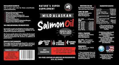 Pure Wild Alaskan Salmon Oil for Dogs & Cats 32oz - Relieves Scratching & Joint Pain, Improves Skin, Coat, Immune & Heart Health. All Natural Omega 3 Liquid Supplement for Pets, EPA + DHA Fatty Acids