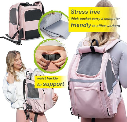 Expandable Pet Carrier, Airline-Approved Foldable and Detachable Backpack, Fits up to 13lbs Cat & 11lbs Small Medium Puppy Dog, Suitable for Car Travel, Outings, Hiking Camping (Pink)