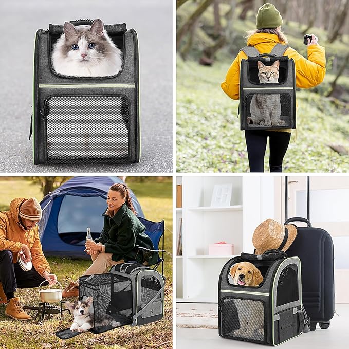 Expandable Cat Backpack Carrier with Waist Strap, Breathable Mesh Pet Carrier Soft Cat Travel Bag for Cats Small Dogs Puppies, Airline Approved Dog Backpack Carrier for Hiking Camping Outdoor