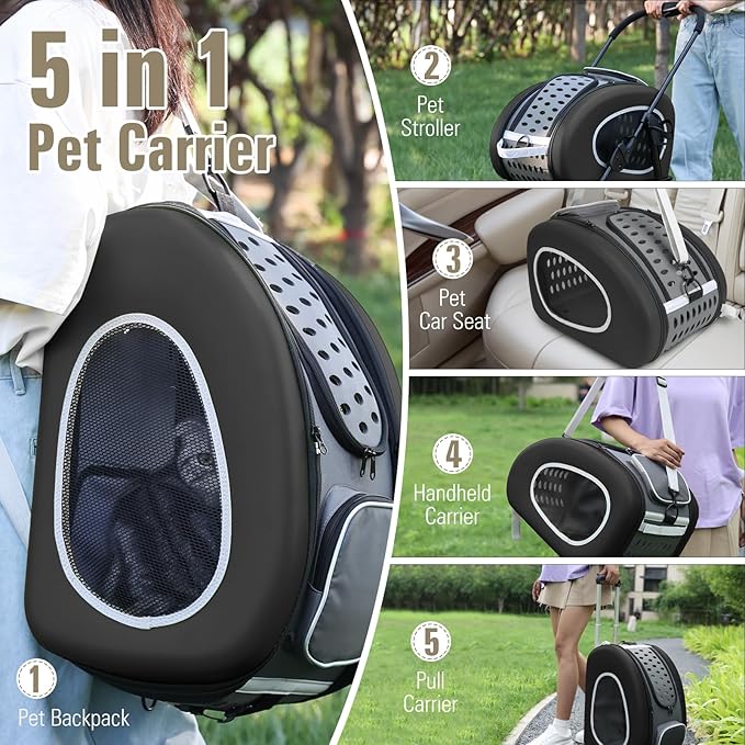 5-in-1 Pet Carrier with Backpack, Stroller, Shoulder Strap, Carriers with Wheels for Dogs and Cats (Black)