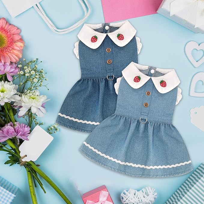 Denim Dog Dress for Small Dogs Cats Cute Girl Dog Clothes Cute Strawberry Female Pet Dresses Spring Summer Pet Outfits for Chihuahua Yorkie Shih Tzu(Dark Blue,Medium)