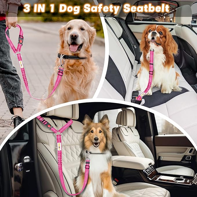 Dog Seat Belt for Car, Adjustable 4-in-1 Dog Car Seatbelt Leash with Hook & Buckle, Reflective Dog Seatbelt Harness for Car with Vehicle Car Headrest & Swivel Carabiner and Poop Bag, Rose