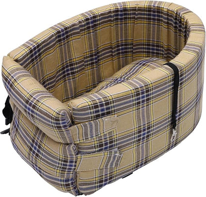 X AUTOHAUX Large Plaid Style Dog Car Seat Adjustable Straps for Medium Small Sized Puppy Cat Seat Pets Soft Non Slip Bottom Travel Bed Beige Yellow