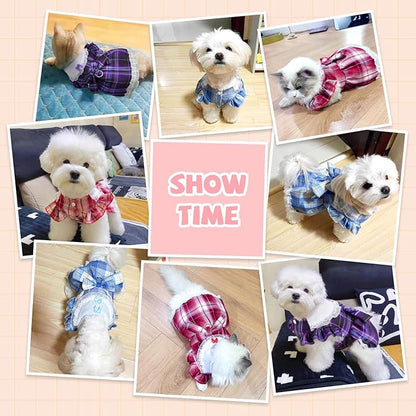 Plaid Dog Dress for Small Dogs Cats Bowknot Girl Dog Clothes with D-Ring Cute Princess Pet Puppy Dresses Spring Summer Pet Outfits for Chihuahua Yorkies Shih Tzu（Red
