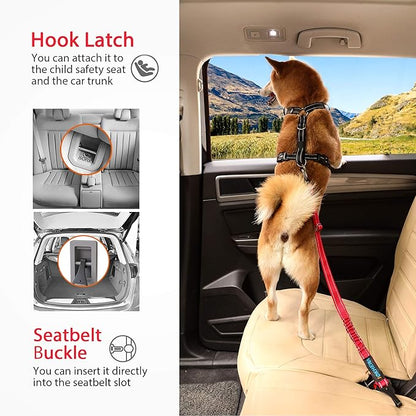 IOKHEIRA Dog Seatbelt, Updated Dog Seat Belt, Reflective Bungee Dog Car Harness, Multifunctional Pet Safety Belt with Hook Latch & Seatbelt Buckle, Swivel Aluminum Carabiner, Red