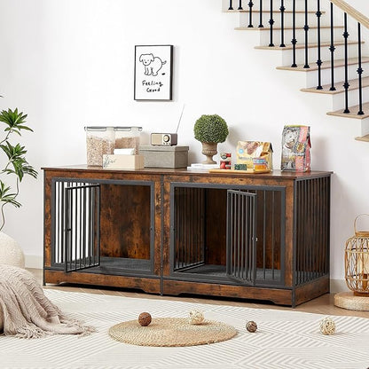 Rovibek 75'' Double Dog Crate Furniture for 2 Large Dogs