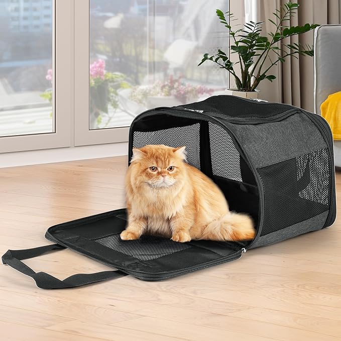 YITAHOME Pet Carrier for Medium Cats and Puppies, Soft-Sided Cat Carrier for Pets Up to 20lbs, Airline Approved Breathable Collapsible Pet Travel Carrier with Bottom Protection and Safety Leash, Black