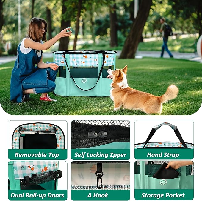 Dog Playpen Portable Pet Playpen Foldable Pet Play Pen for Cat Puppies Pop Up Dog Kennel Exercise Pen Tent with Mat and Carry Bag, Green-S