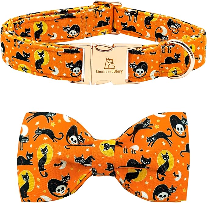 Lionheart glory Fall Dog Collar with Bowtie Halloween Cat Print Dog Collars Bow Tie Heavy Soft Adjustable Collar for Large Dogs Girl/Boy Dog Bow Collar Holiday Pet Gift