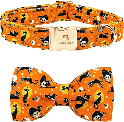 Lionheart glory Fall Dog Collar with Bowtie Halloween Cat Print Dog Collars Bow Tie Heavy Soft Adjustable Collar for Large Dogs Girl/Boy Dog Bow Collar Holiday Pet Gift