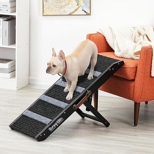 19" Tall Pet Ramp - Small to Medium Dogs and Cats Use - Wooden Folding Portable Dog Ramp Perfect for Couch or Bed with Non Slip Carpet Surface - 4 Levels Height Adjustable Up to 110Lbs