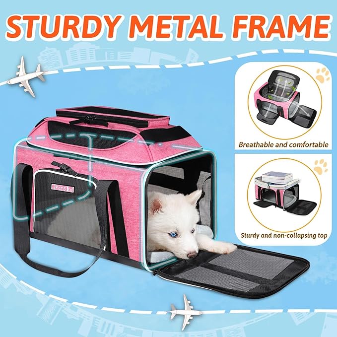 Petskd Top-Expandable Pet Carrier 17x12x8.5 Inches JetBlue Frontier Spirit Airline Approved, Soft-Sided Carrier for Small Cats and Dogs with Locking Safety Zippers and Anti-Scratch Mesh(Pink)