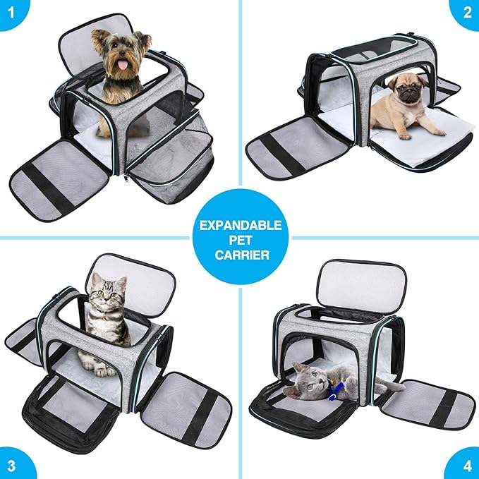 Airline Approved Portable Pet Carrier 2 Sides Expandable Soft-Sided Large Cats Carrier Collapsible Kennel Travel TSA Carrier 4 Doors with Removable Pads and 3 Pockets for Puppy Small Dogs