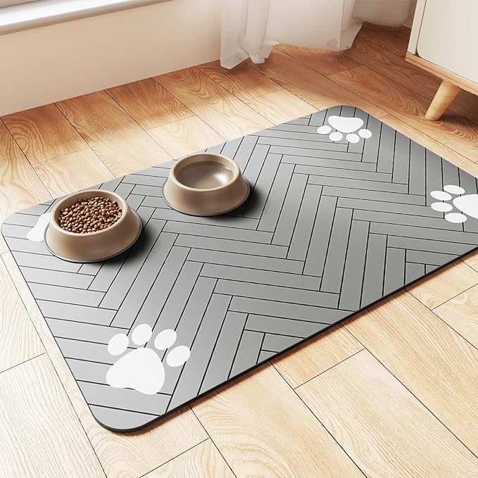 Pet Feeding Mat-Absorbent Pet Placemat for Food and Water Bowl, with Waterproof Rubber Backing, Quick Dry Water Dispenser Mat for Dog and Cat (17"x27", Striped Light Gray)