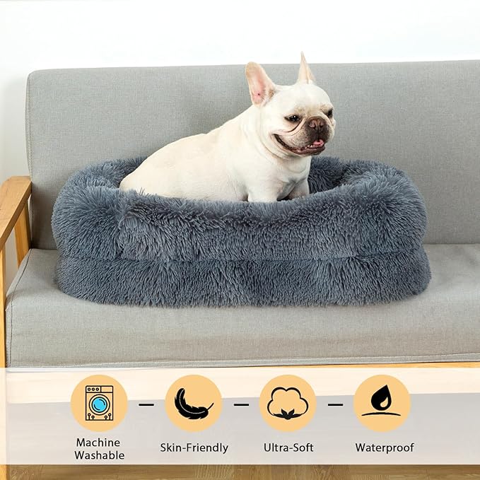 2 in 1 Calming Dog Beds for Medium Dogs, Dual Layer Orthopedic Egg Crate Foam & Memory Foam Faux Fur Shag Pet Mattress Warming Rectangle Cuddle Bed Comfy Anti Anxiety, Washable Cover Anti-Slip