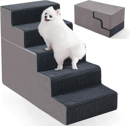 5-Step Dog Stairs, 22.5'' H Dog Stairs for High Beds, Non-Slip Bottom Pet Stairs for Small Dogs and Cats, Indoor Pet Steps Dog Ramp for Bed, Grey