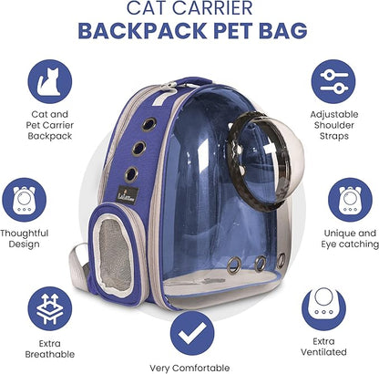 LaLuz2021 Cat Backpack Carrier Pet Bag- Expandable Tent Double Bubble Capsule Backpacks - Plush mat with Bonus Hook and Loop Fastener and Built-in Leash Clip - Blue