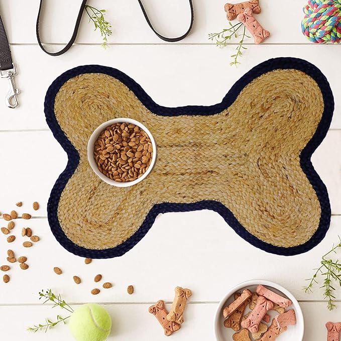 Dog Cat Bowl Mat for Food and Water Handmade Braided Jute Bone Shaped Dog Feeding Mat Cat Food Mat for Floors Black Natural Food Rug 16.5x21 inches Gift for Pet Owner (Bordered Bone, Black)