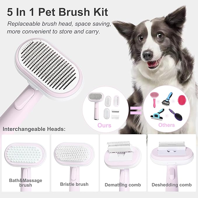 5 IN 1 Pet Grooming Brush Kit,Dog&Cat Self Cleaning Slicker Brush for Shedding.Dematting&Deshedding Dog Brush,Dog Hair Brush,Suitable for Small&Large,Long&Short Haired Pets.(Pink)