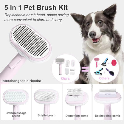 5 IN 1 Pet Grooming Brush Kit,Dog&Cat Self Cleaning Slicker Brush for Shedding.Dematting&Deshedding Dog Brush,Dog Hair Brush,Suitable for Small&Large,Long&Short Haired Pets.(Pink)