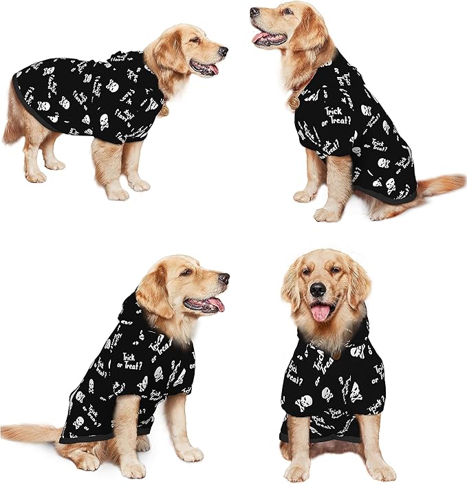 Halloween Dog Costume, Trick or Treat Skull Print Hoodie Winter Halloween Cosplay Clothes Sweaters Outfits Pullover Pets' Sweatshirt Hoodies with Pocket for Medium Large Dogs-S