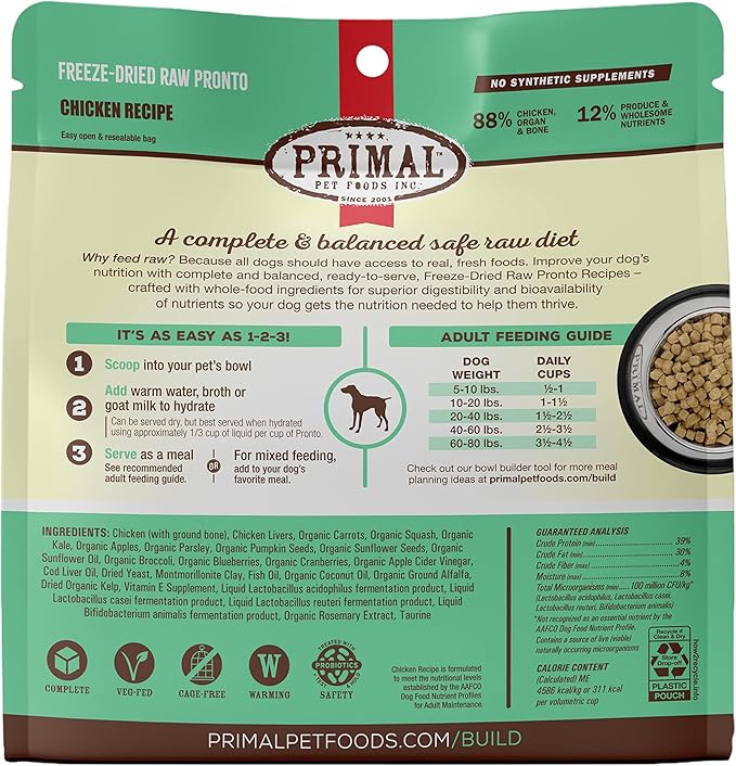 Primal Freeze Dried Dog Food Pronto, Chicken; Scoop & Serve, Complete & Balanced Meal; Also Use As Topper or Treat; Premium, Healthy, Grain Free, High Protein Raw Dog Food (16 oz)