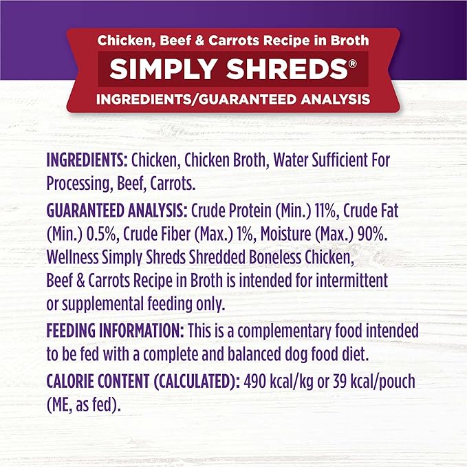 Wellness CORE Simply Shreds Natural Grain Free Wet Dog Food Mixer, Chicken, Beef & Carrots, 2.8 oz. Pouch (12 Nos) + Simply Shreds Wet Dog Food Topper, Chicken Liver & Broccoli, 2.8 oz. Pouch (12 Nos)