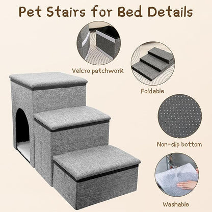 Fhiny Dog Stairs with Storage 3-Steps Foldable 160 lbs