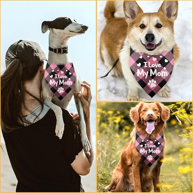I Love My Mom Mothers Day Dog Bandana Mom Birthday Puppy Bandana Funny Dog Bandana Pink Plaid Dog Bandana Pet Accessories for Dog Lover Dog Mama