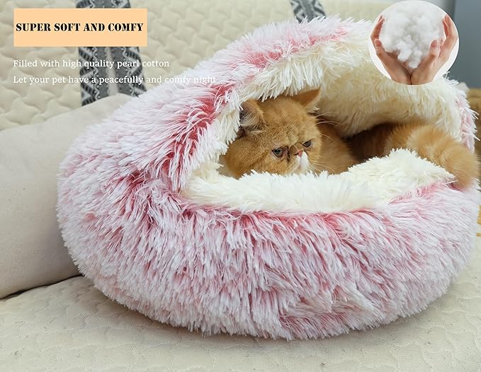 Calming Round Dog Beds &Cat Cave Bed with Hooded Cover 20x20inch)
